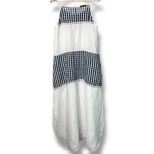 LUNGO L’ARNO 100% Linen Maxi Dress Spaghetti Straps Blue Gingham & White US Sz S